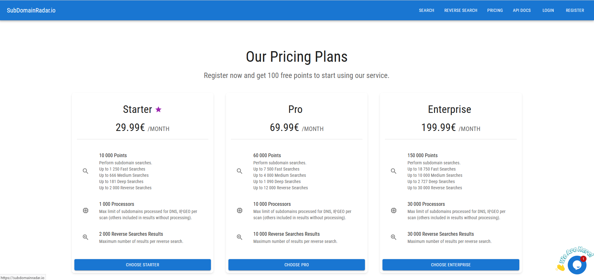 SubdomainRadar.io Pricing Page