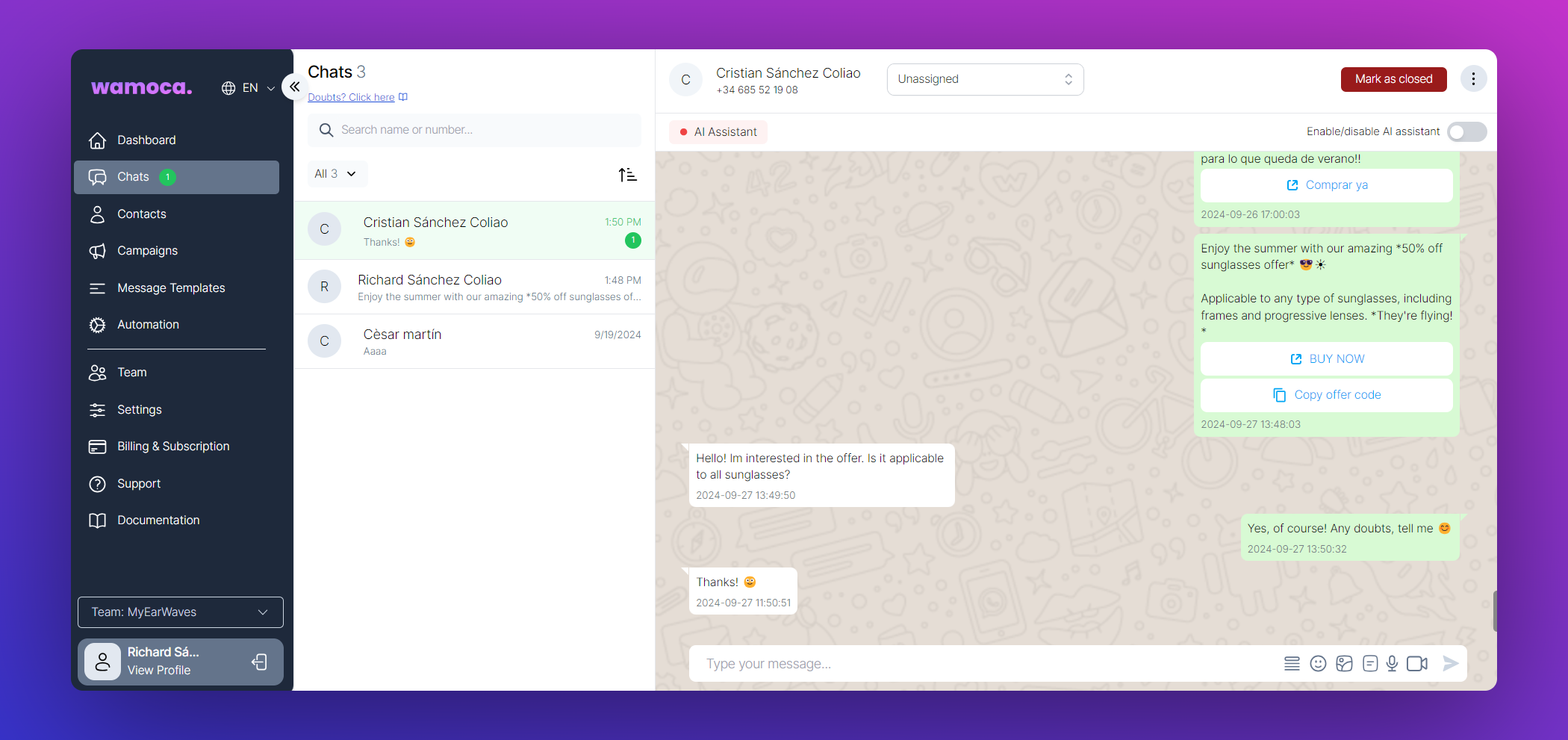 Wamoca WhatsApp Live Chat