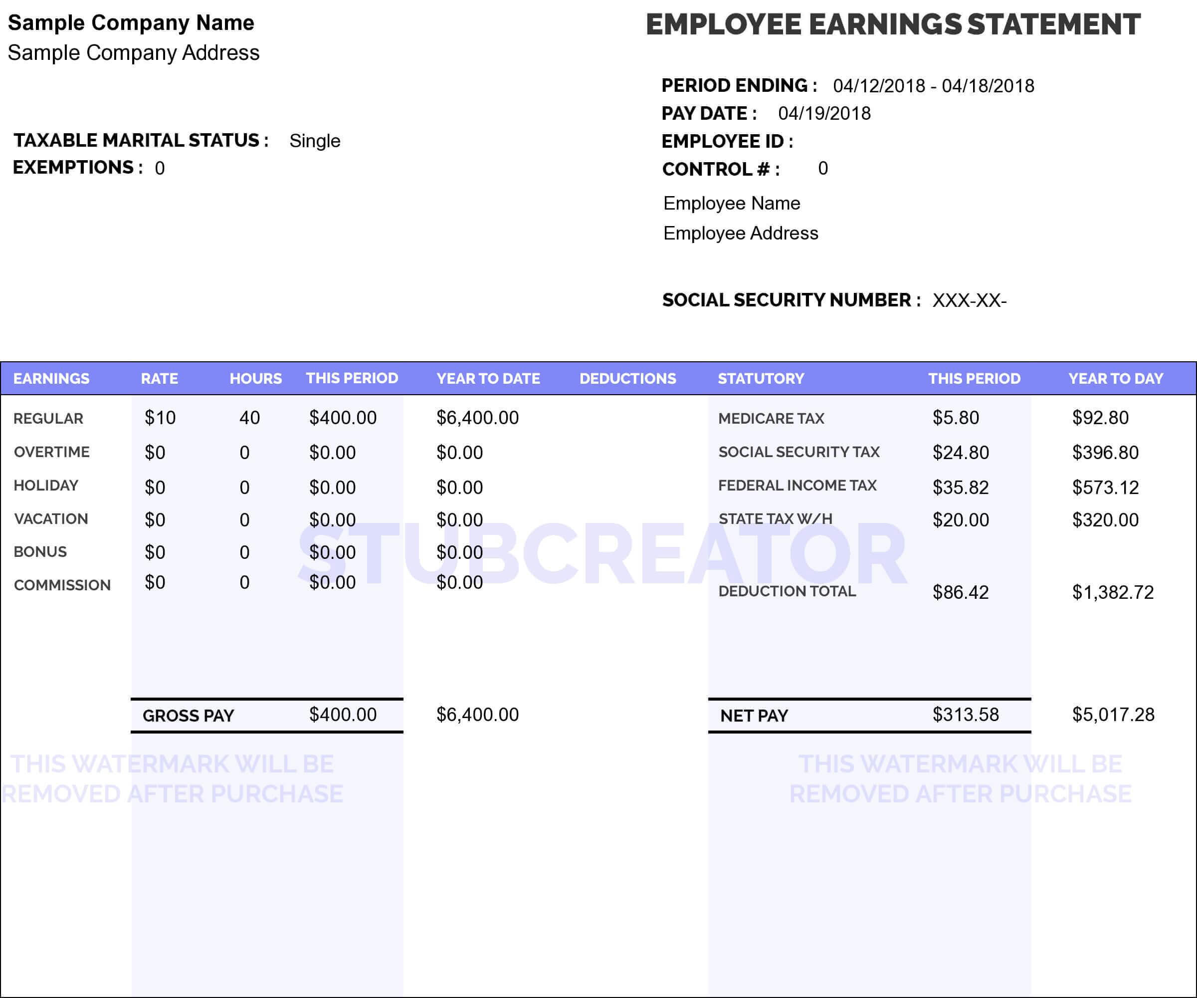 StubCreator Paystub Template