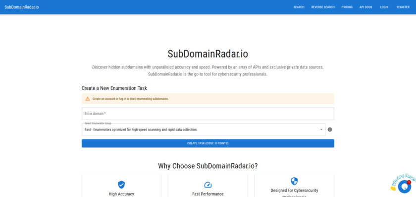 SubdomainRadar.io Home Page