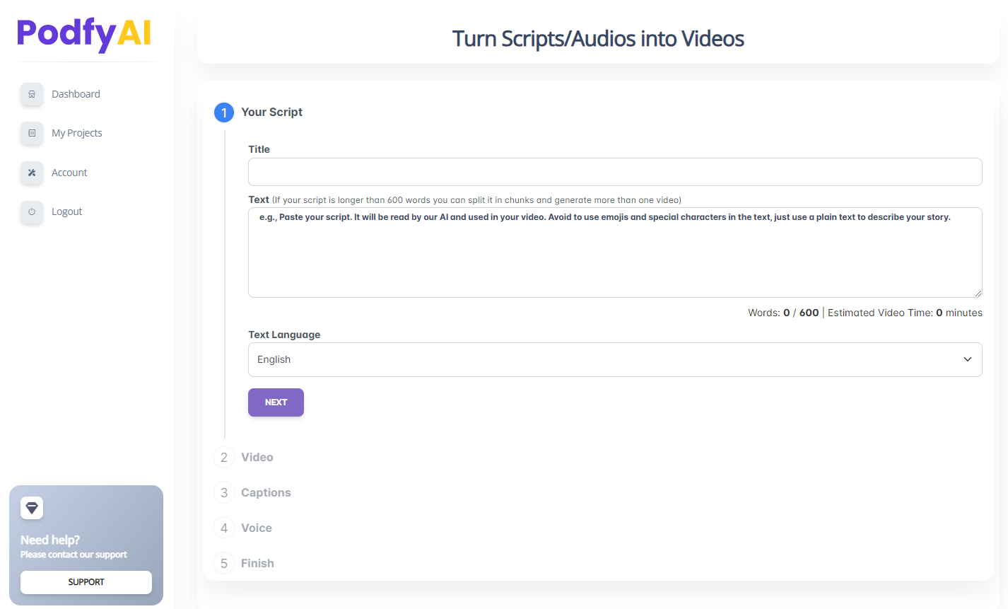 Podfy.ai Create videos from a text script
