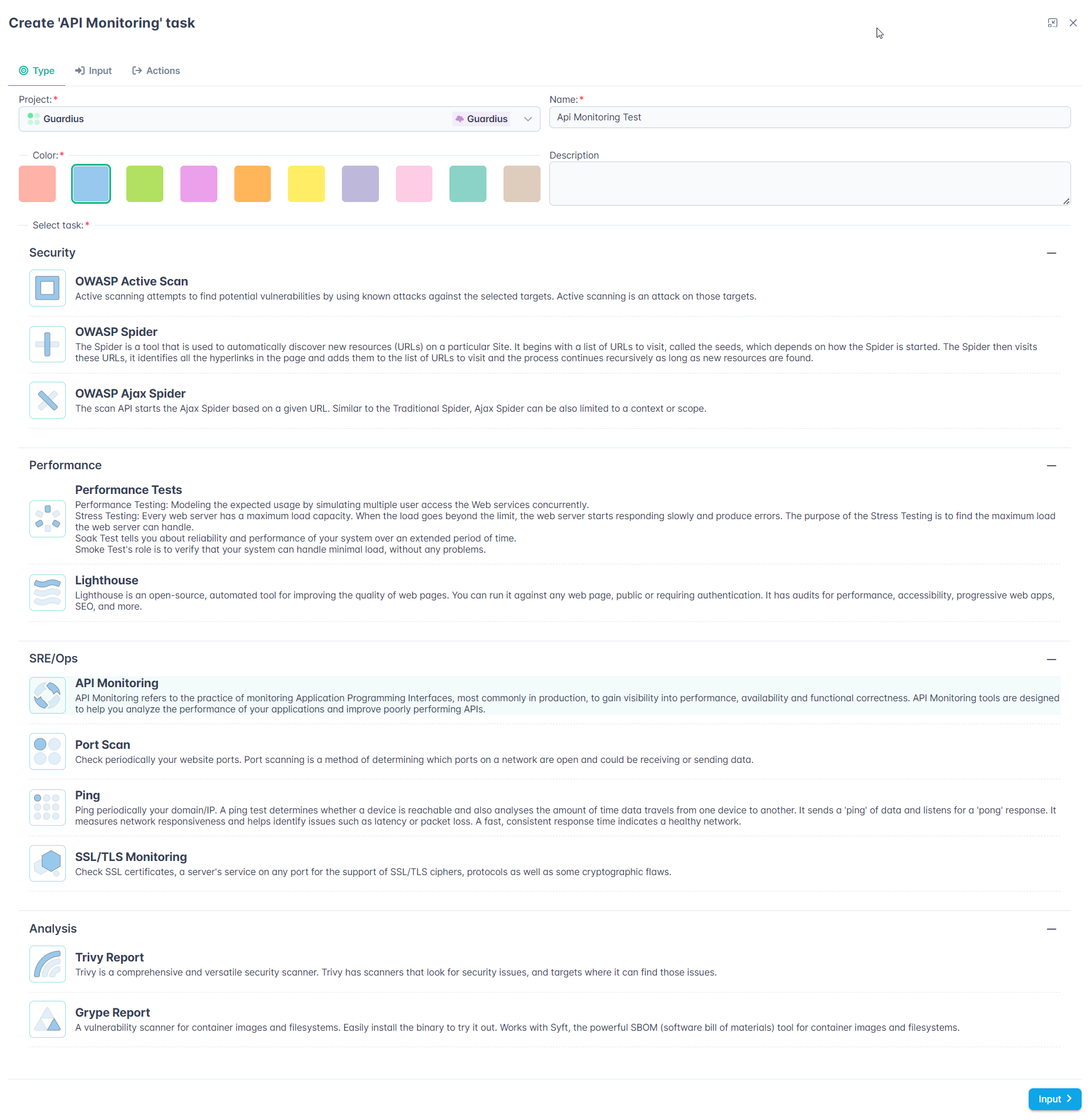 Guardius Create task window