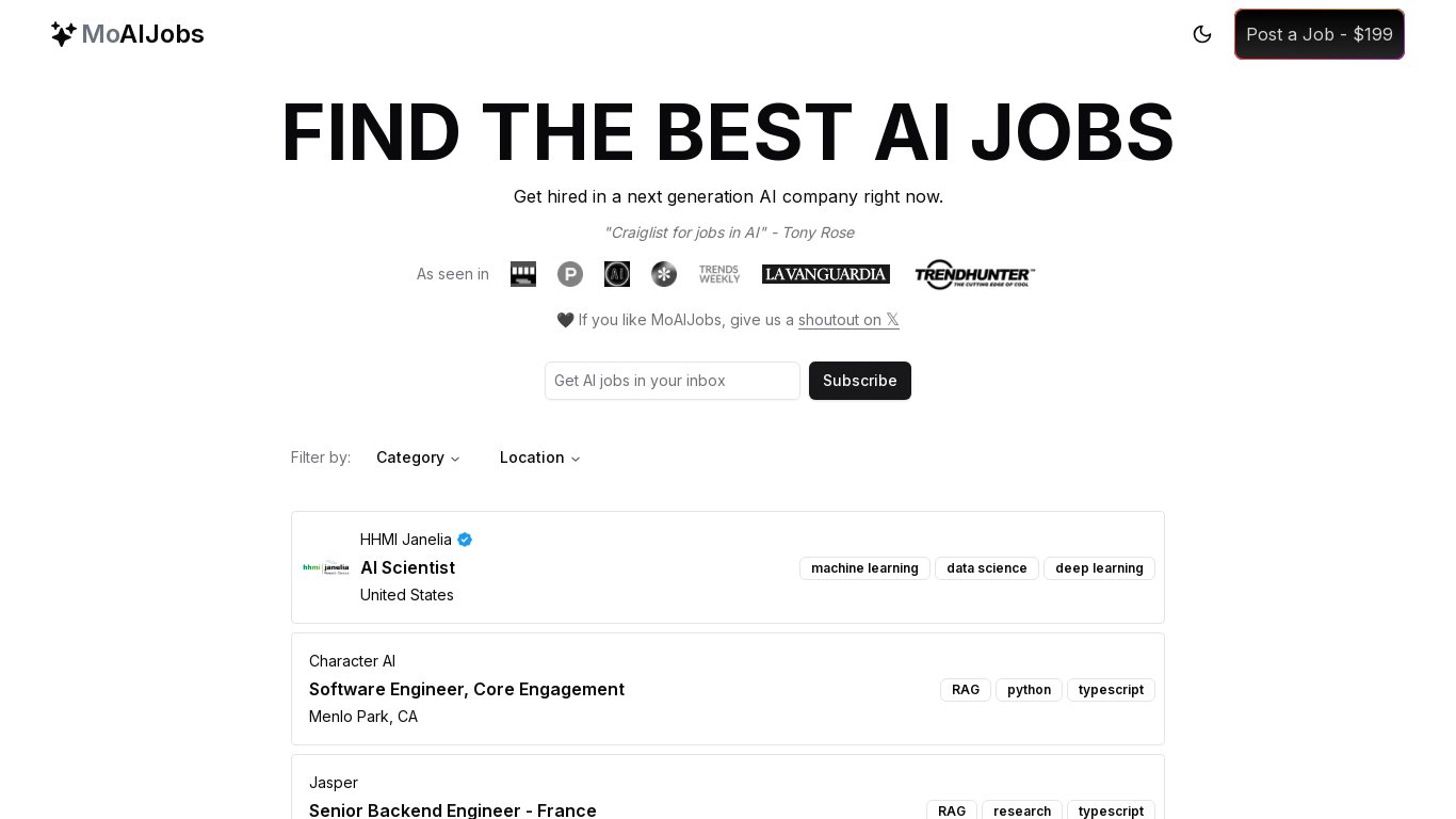 MoAIJobs Landing page