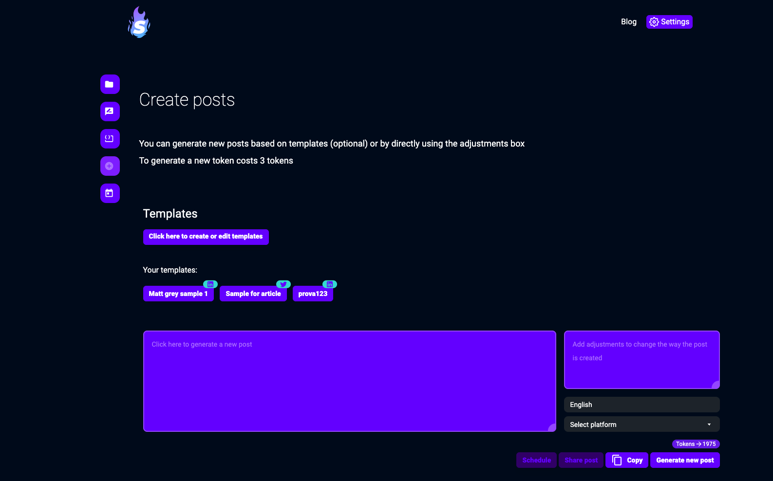 Super Comments AI Generate new post with templates using ai