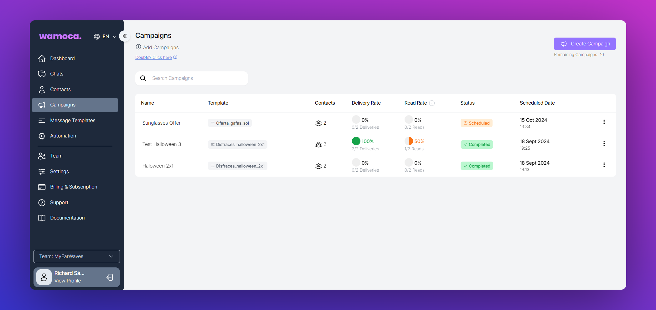 Wamoca WhatsApp Campaigns Analytics