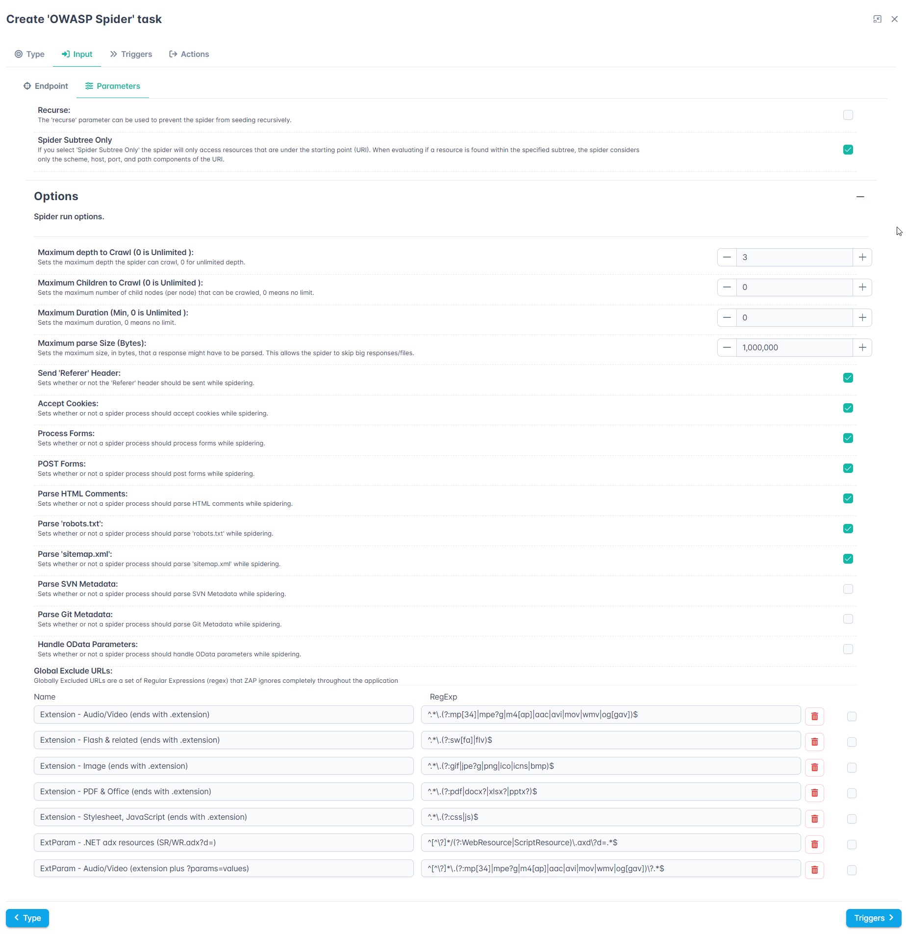 Guardius Owasp Spider task parameters
