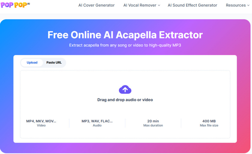 PopPop AI Acapella Extractor Landing Page