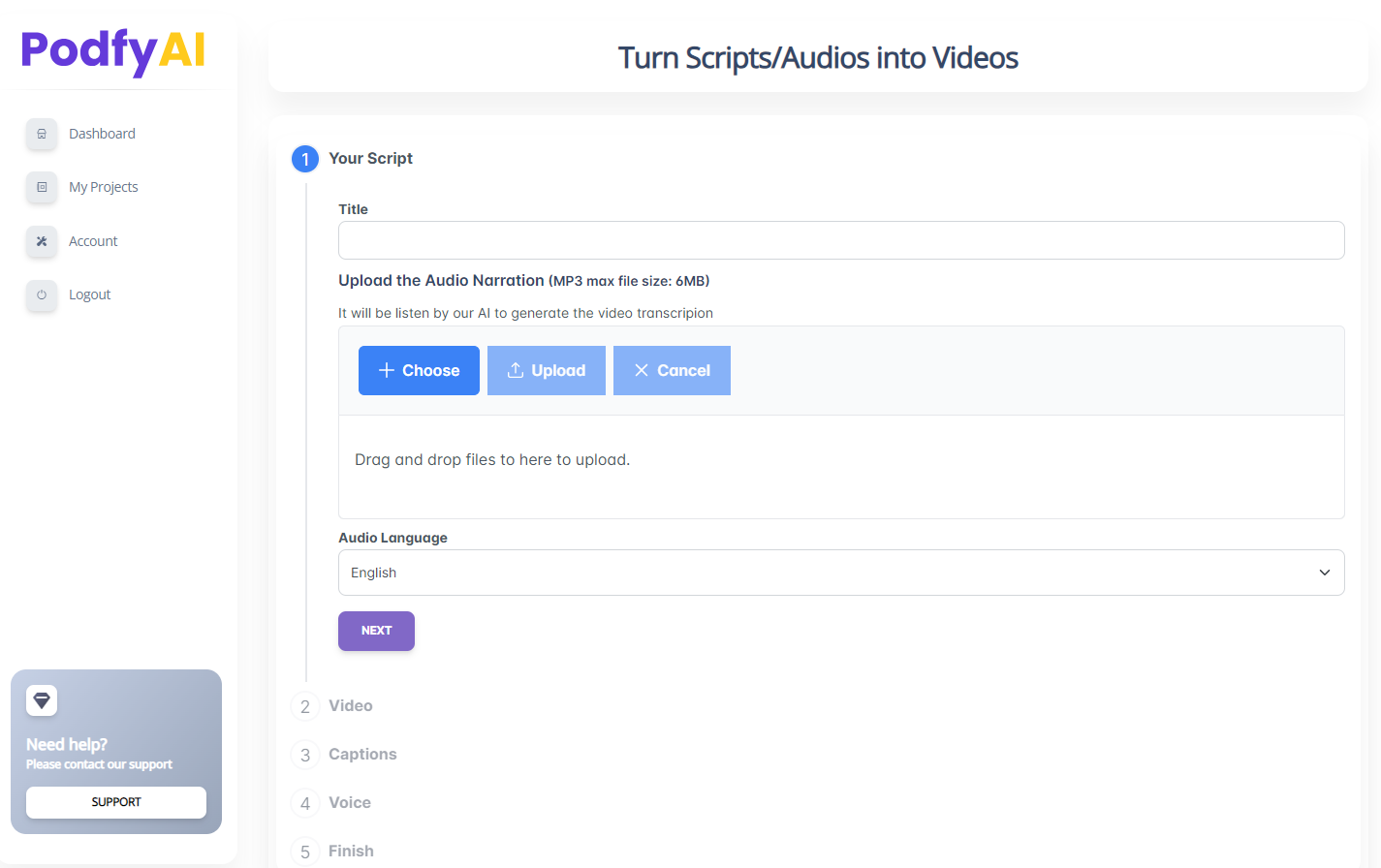Podfy.ai Create videos from an audio file