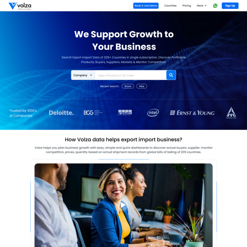 Volza.com Landing Page