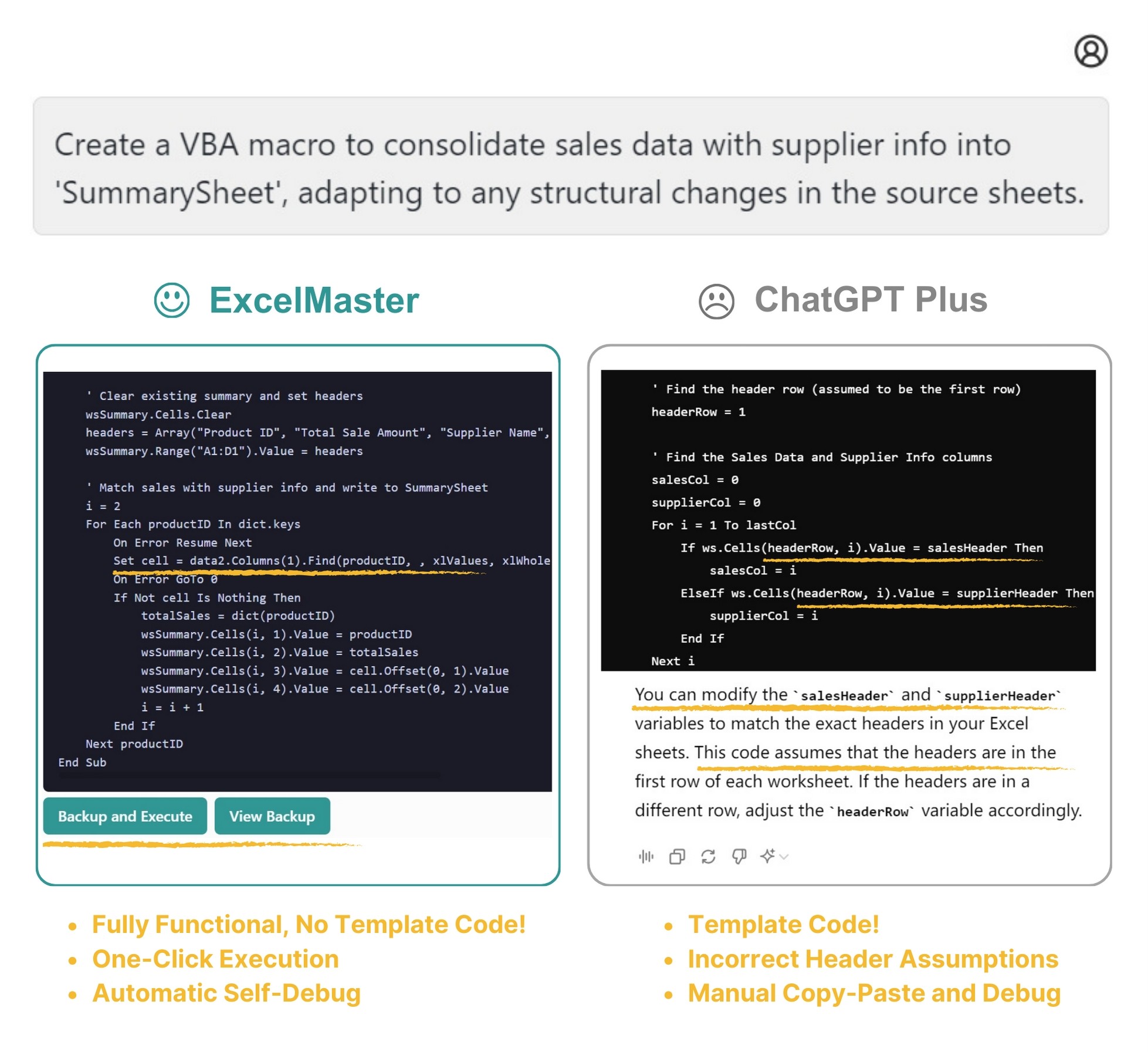 ExcelMaster.ai Writes fully functional VBA codes, no snippets or template code like ChatGPT!