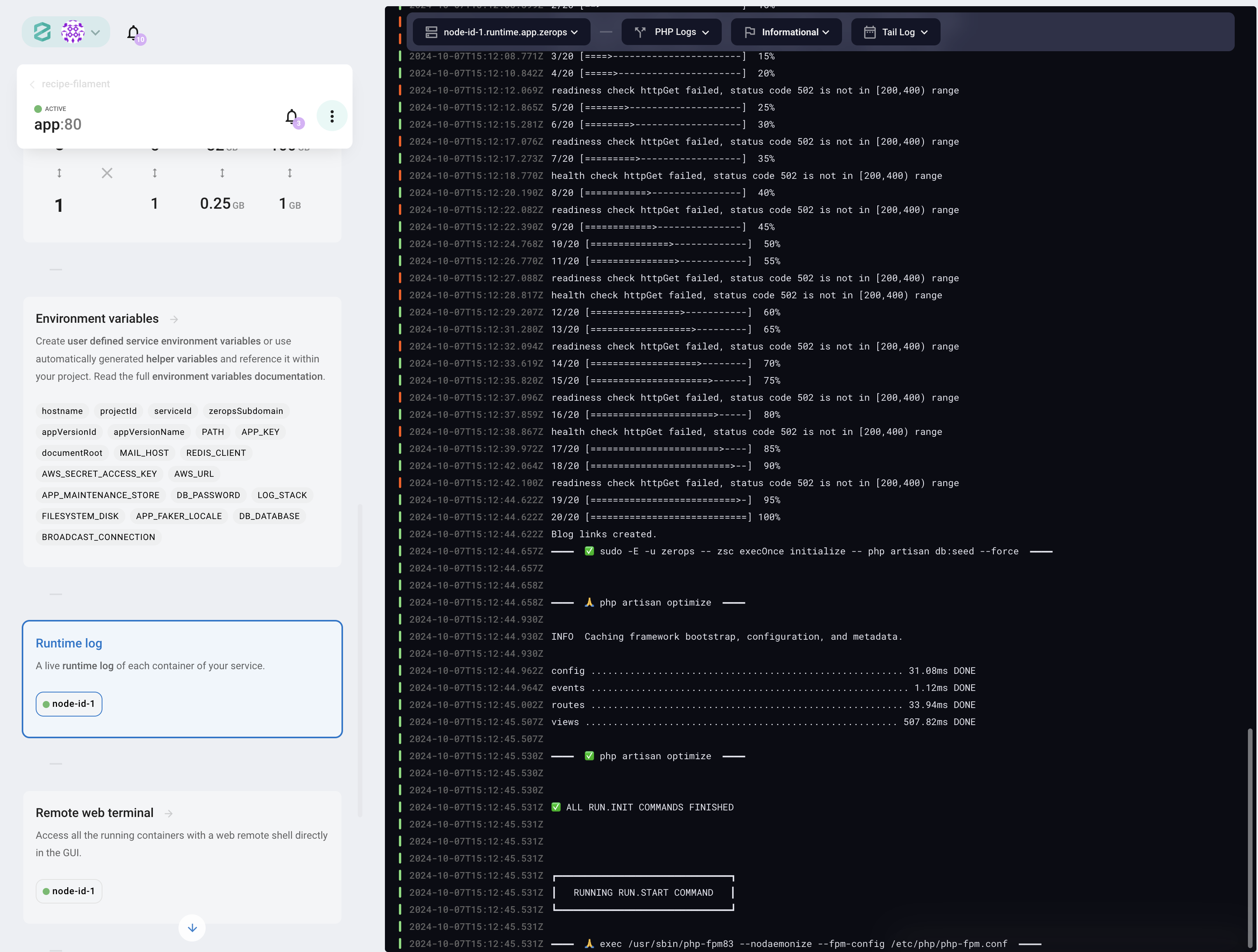 Zerops.io Runtime log