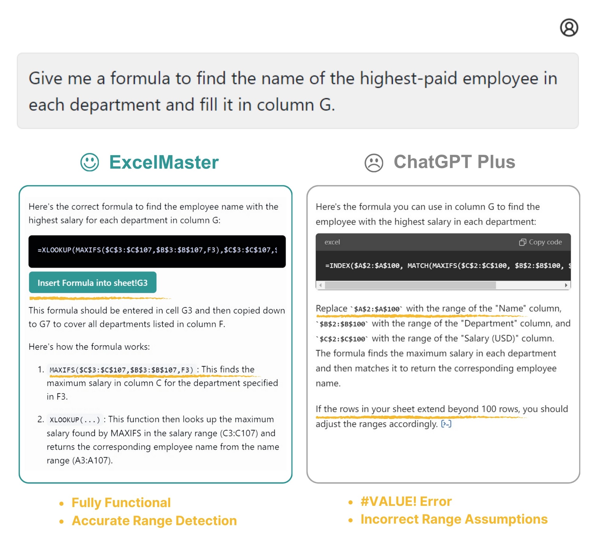 ExcelMaster.ai Write complicated formula, with no false assumptions like ChatGPT!