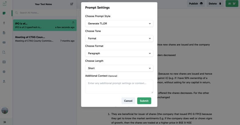 Notsly Get to choose from a multitude of prompts for note summarizer