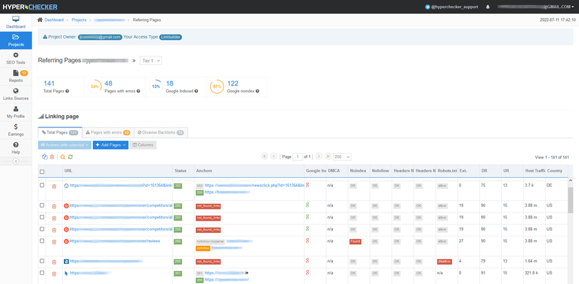 HyperChecker backlink checking results