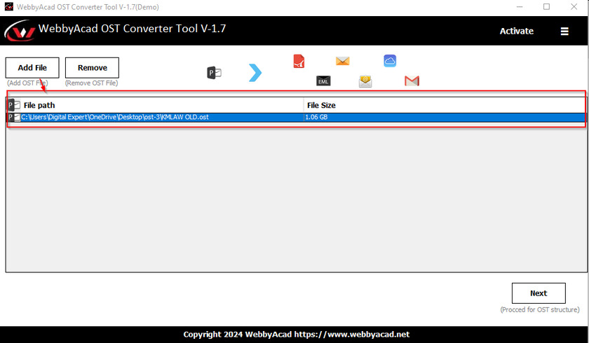 Webbyacad OST em PST Converter Tool add ost files