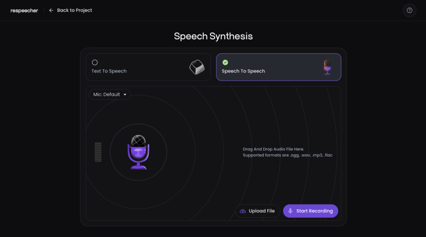 Respeecher Marketplace Record or upload your voice for Speech-to-Speech conversion