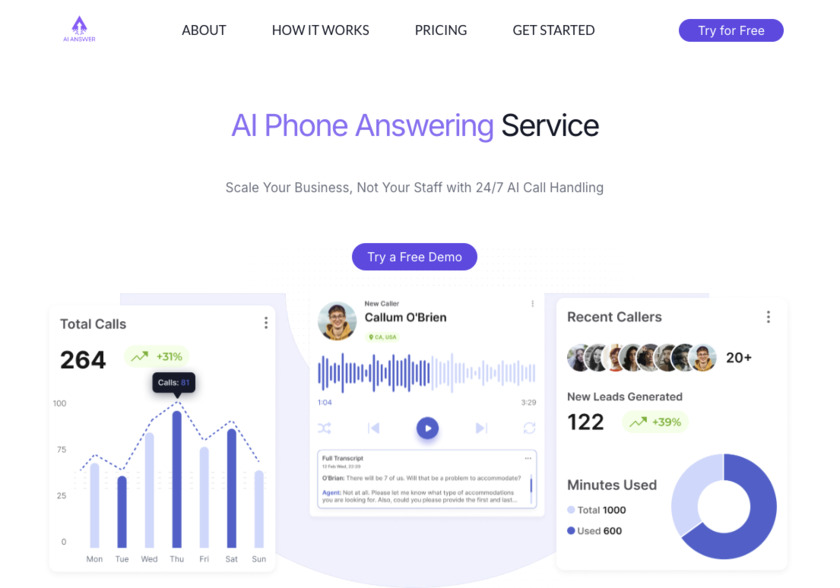 AIAnsweringService.io Landing Page