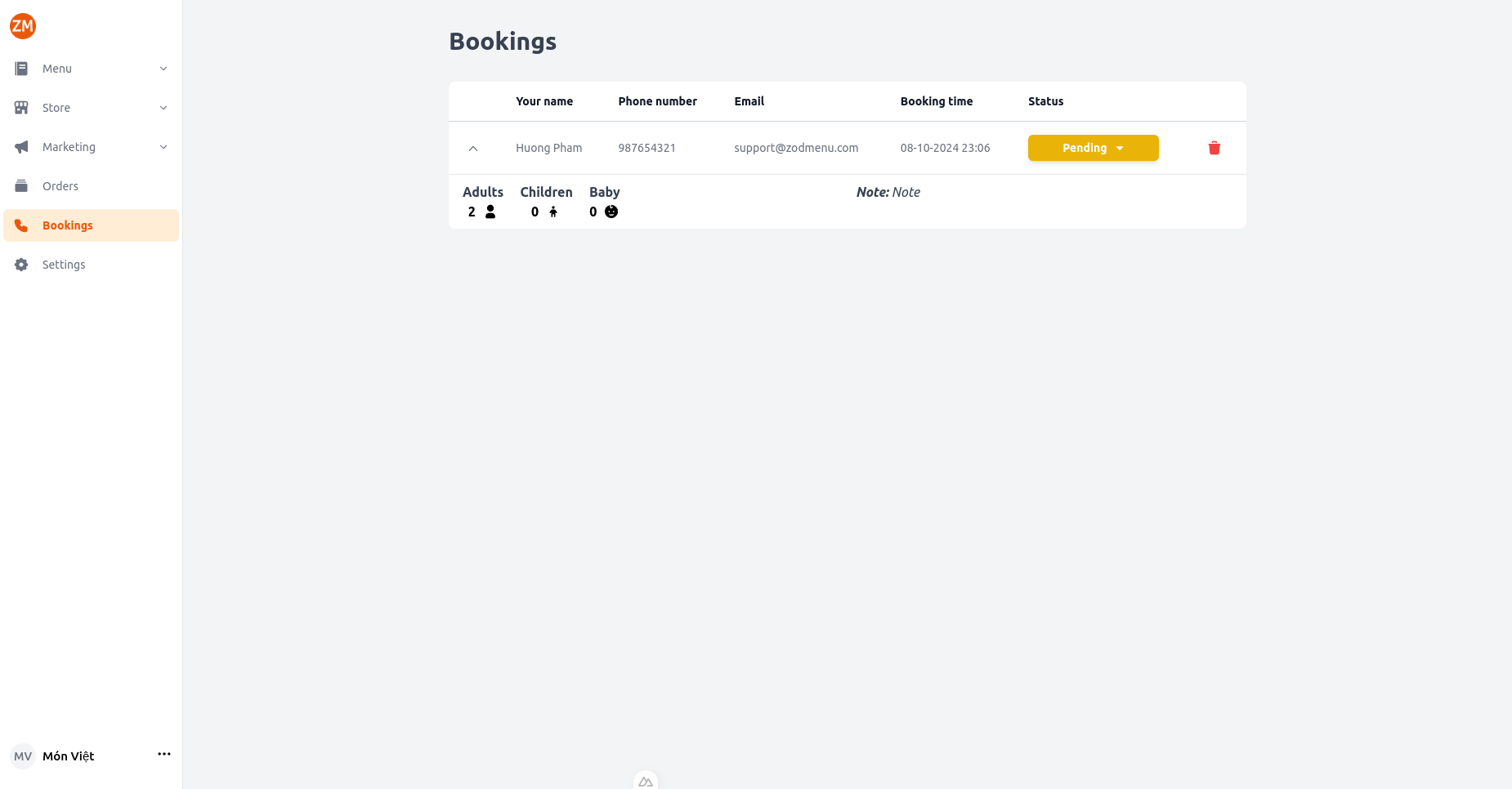 ZodMenu zodmenu booking
