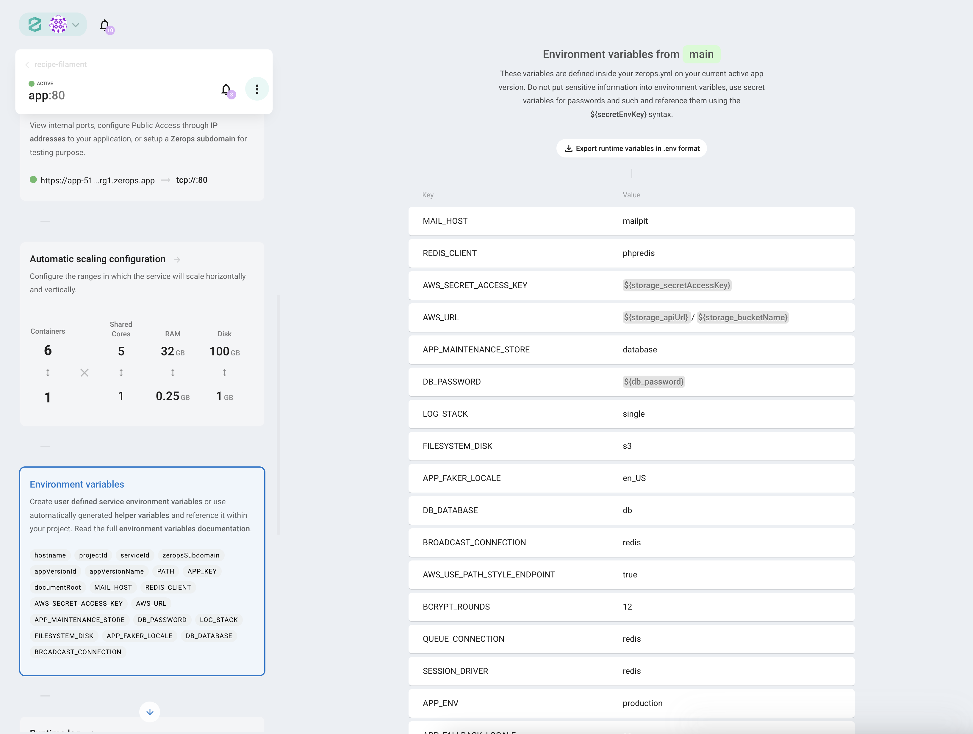 Zerops.io Environment variables