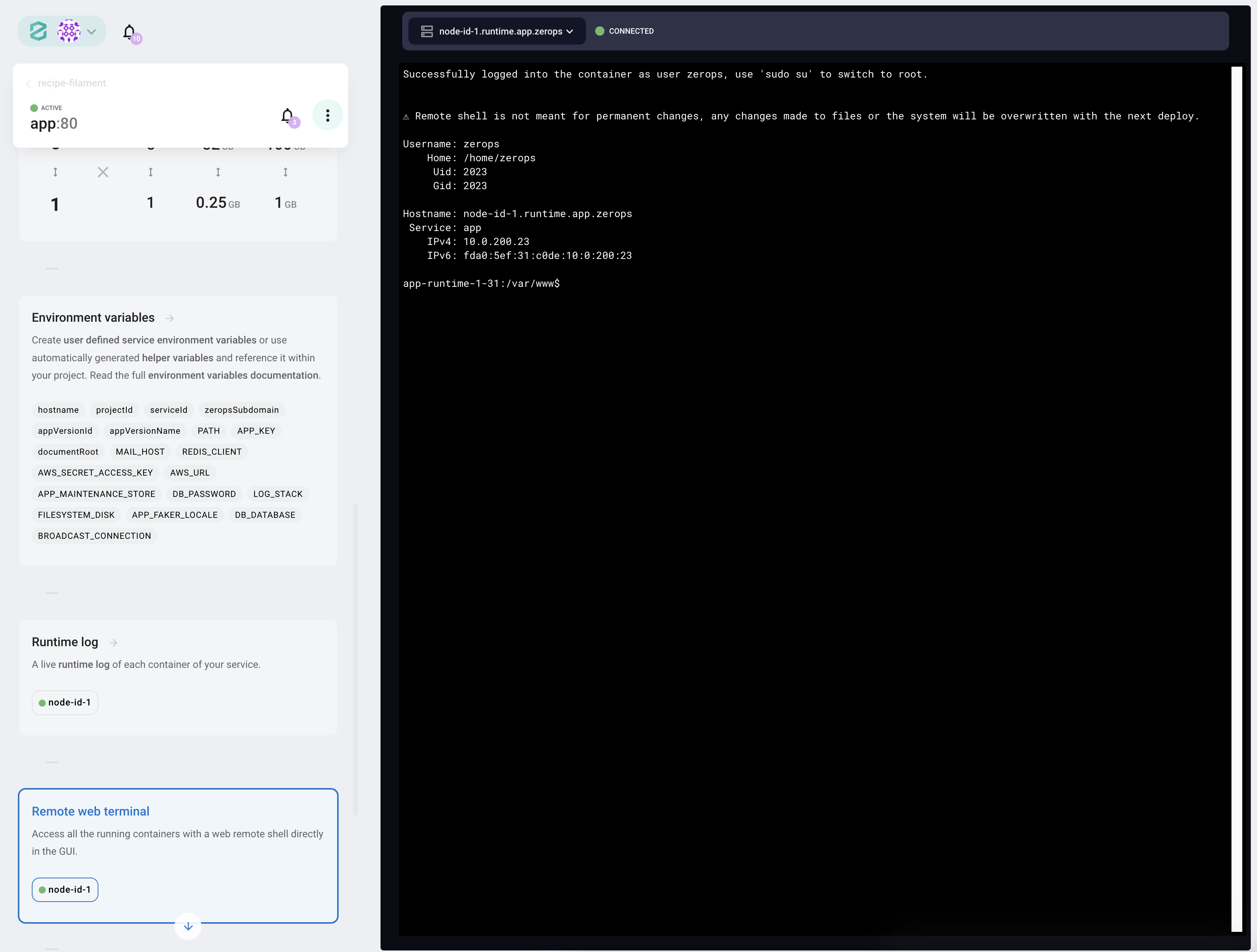 Zerops.io Remote web terminal