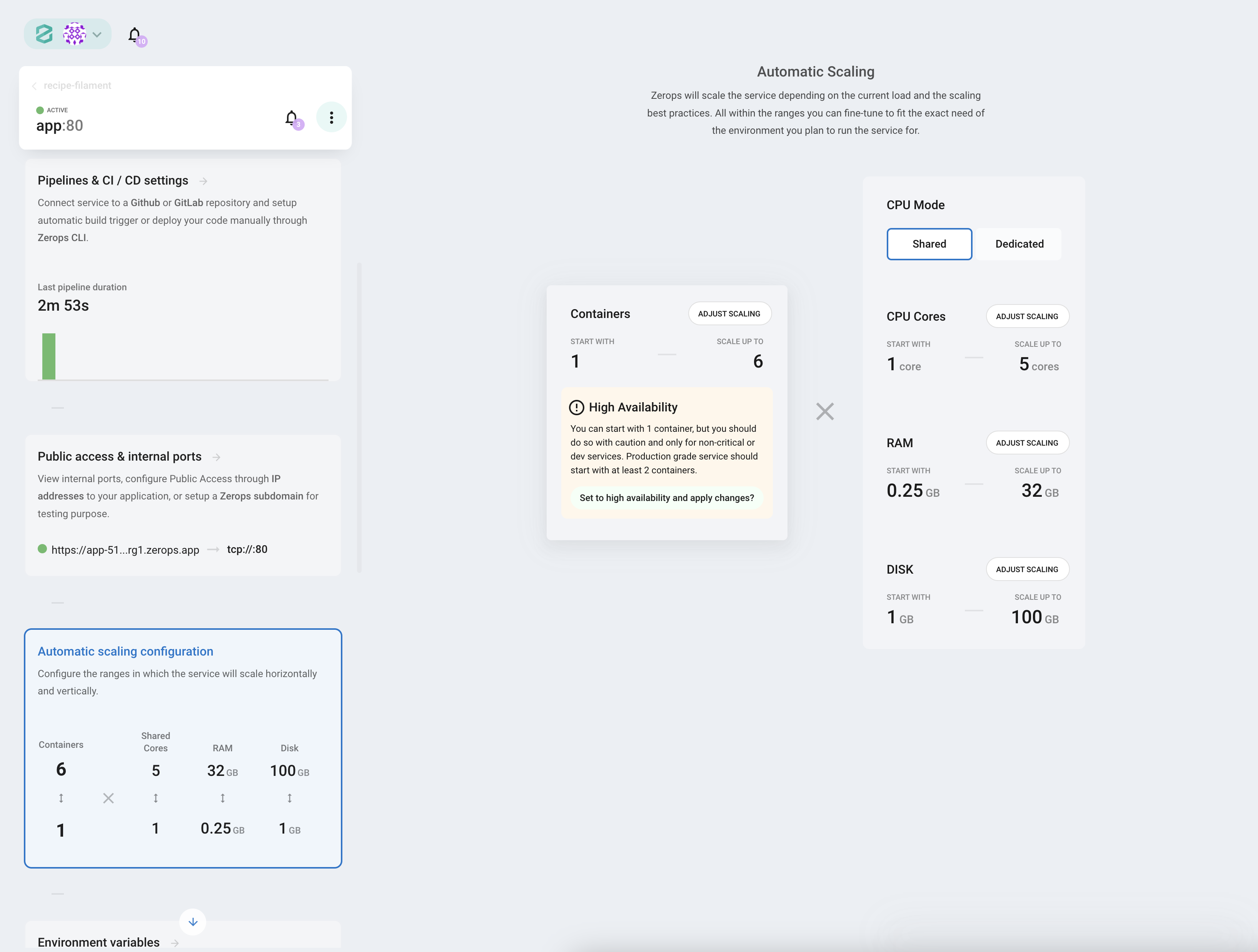 Zerops.io Automatic scaling configuration