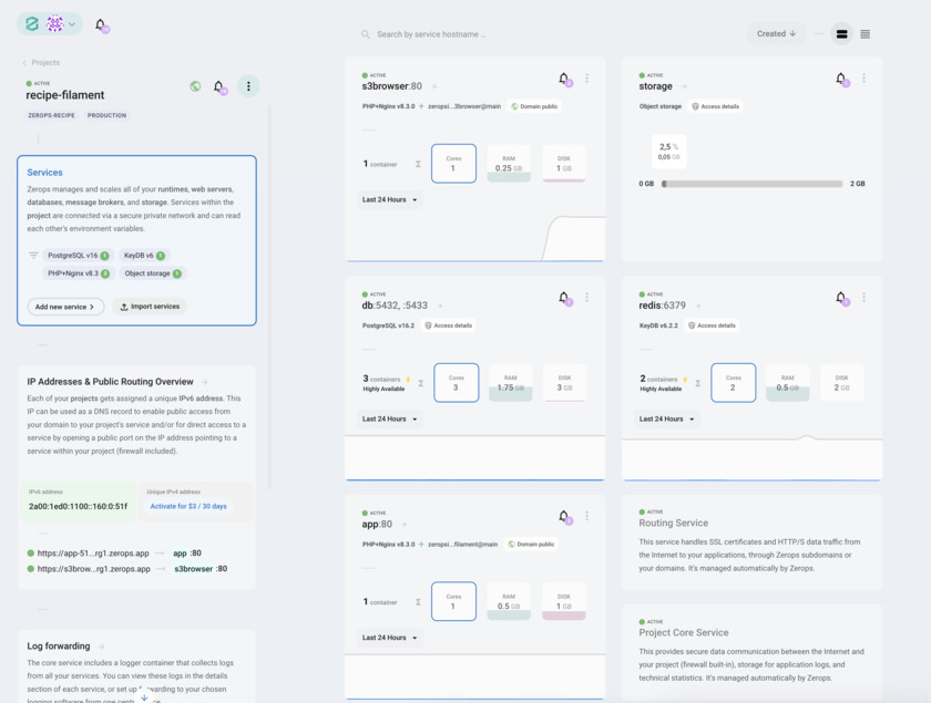 Zerops.io Project detail overview