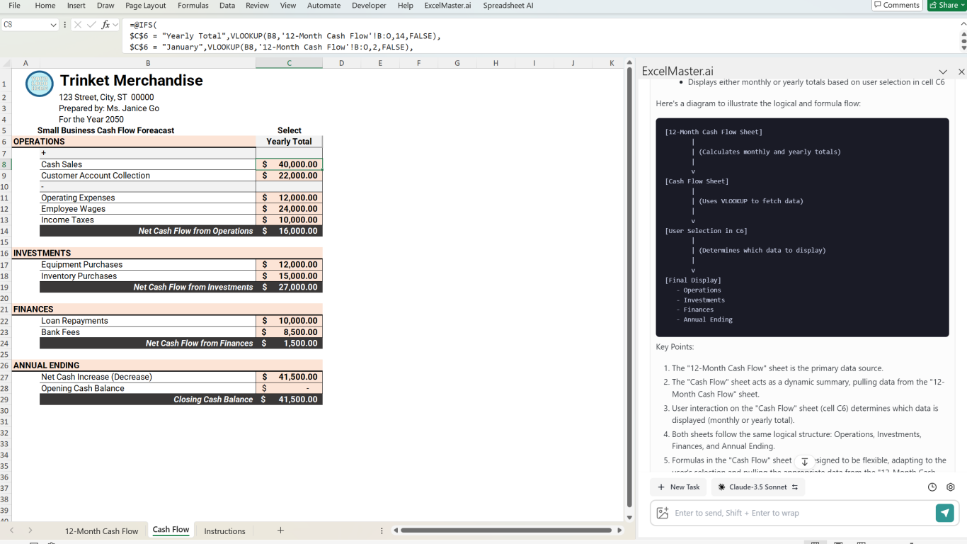 ExcelMaster.ai Understands multiple sheet structure and solves complicated Excel problems