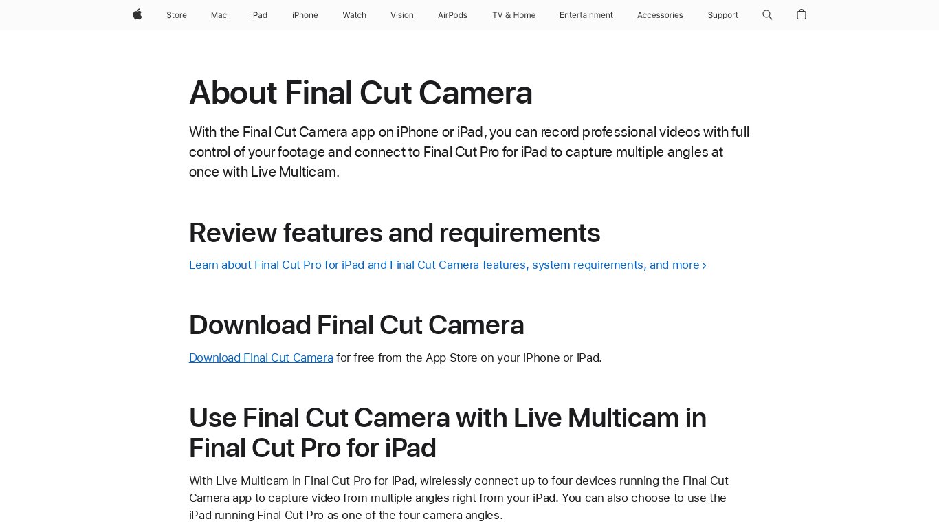 Final Cut Camera Landing page