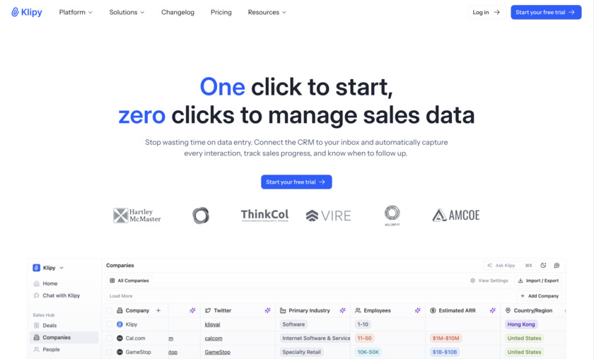 Klipy Landing page 