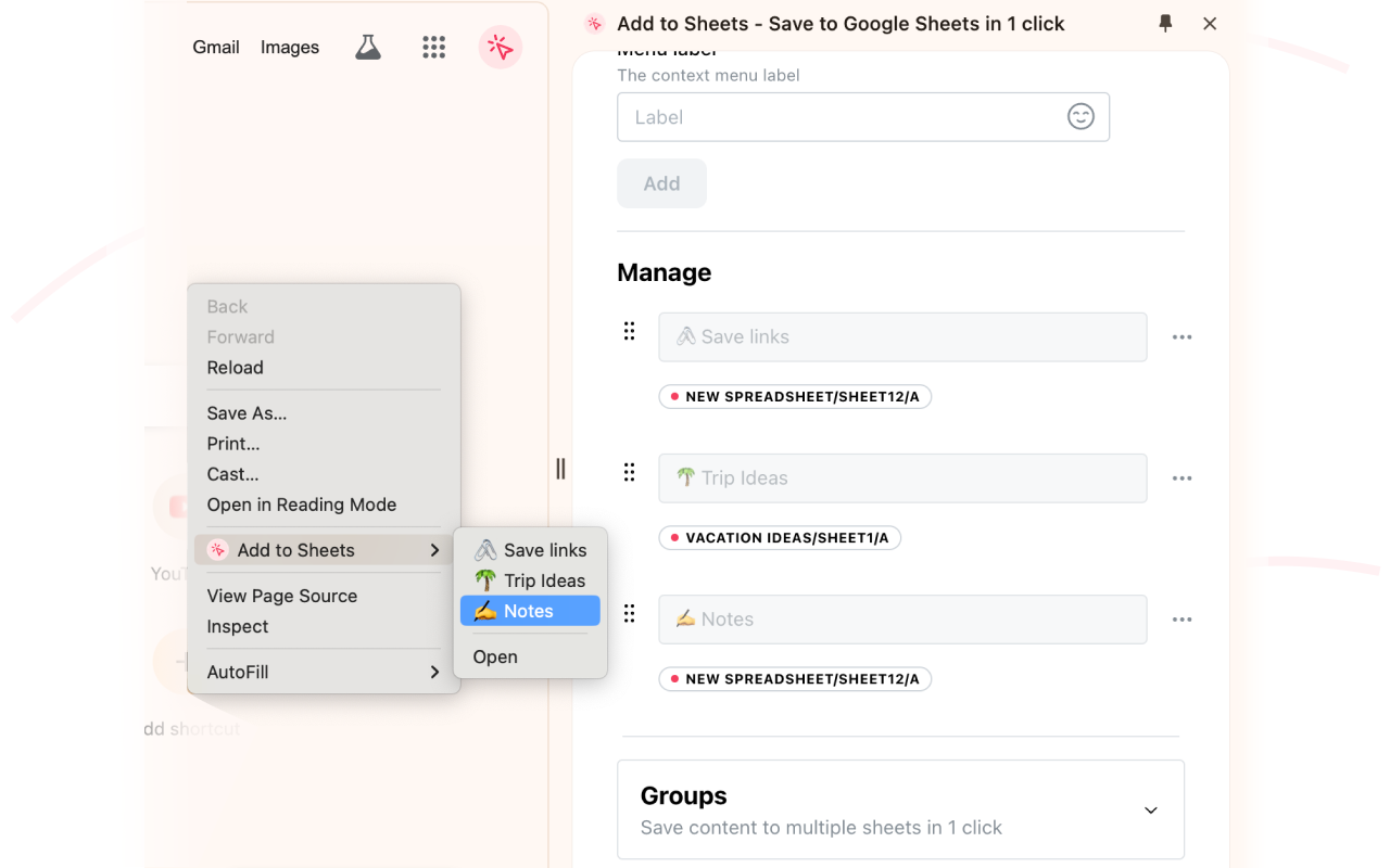 Add to Sheets Right click menu