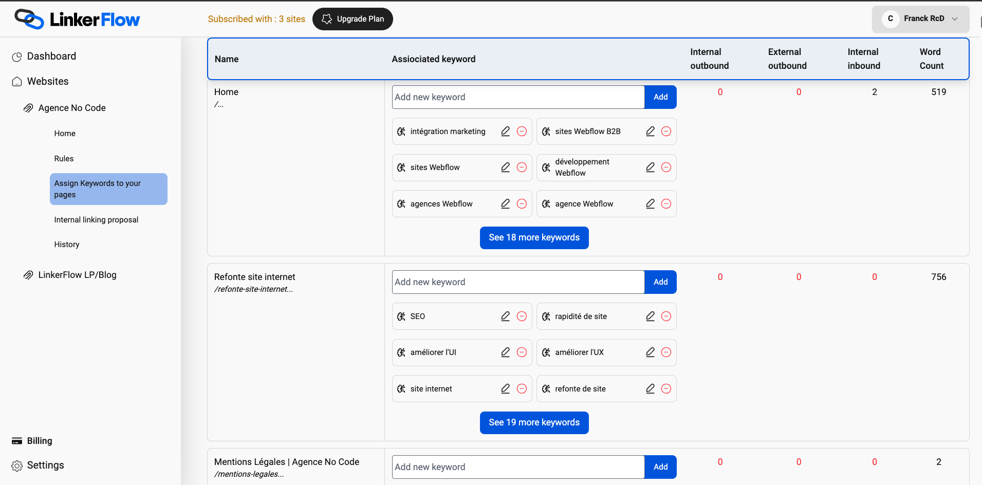 LinkerFlow.io Page to assign keyword