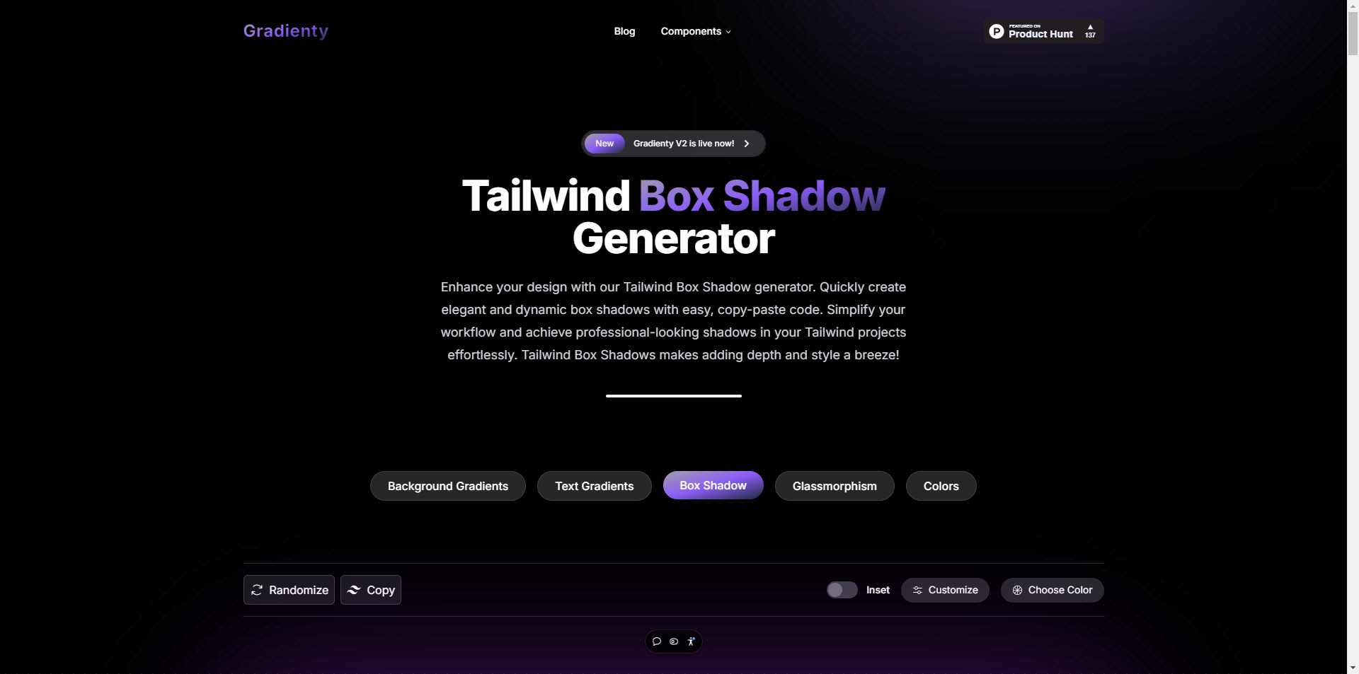 Gradienty.codes Tailwind Box Shadow Generator