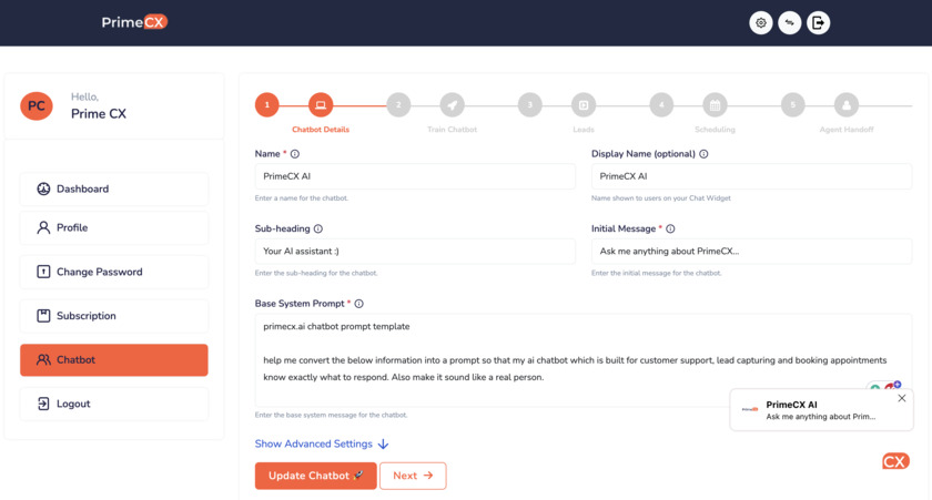 PrimeCX.ai PrimeCX Create Chatbot Dashboard