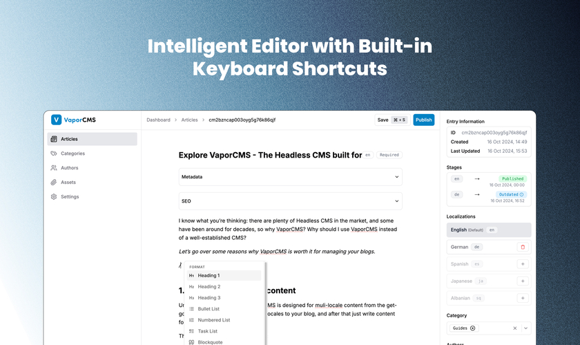 VaporCMS Article Editing Experience