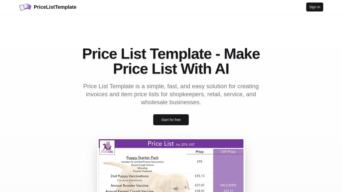 Price List Template Landing page