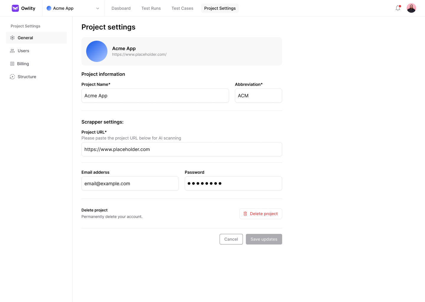 Owlity.ai Project settings 