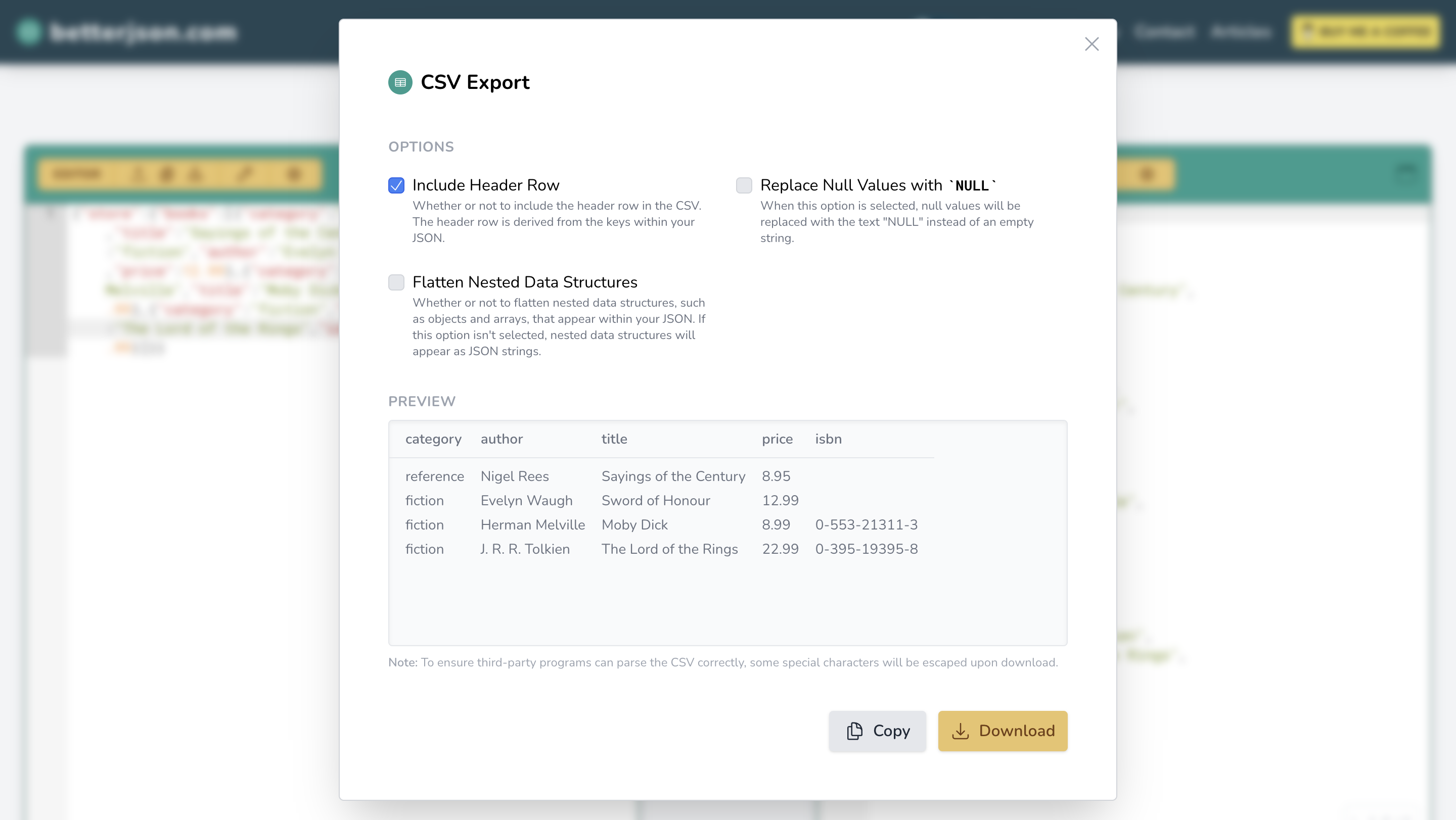 betterjson.com CSV Export