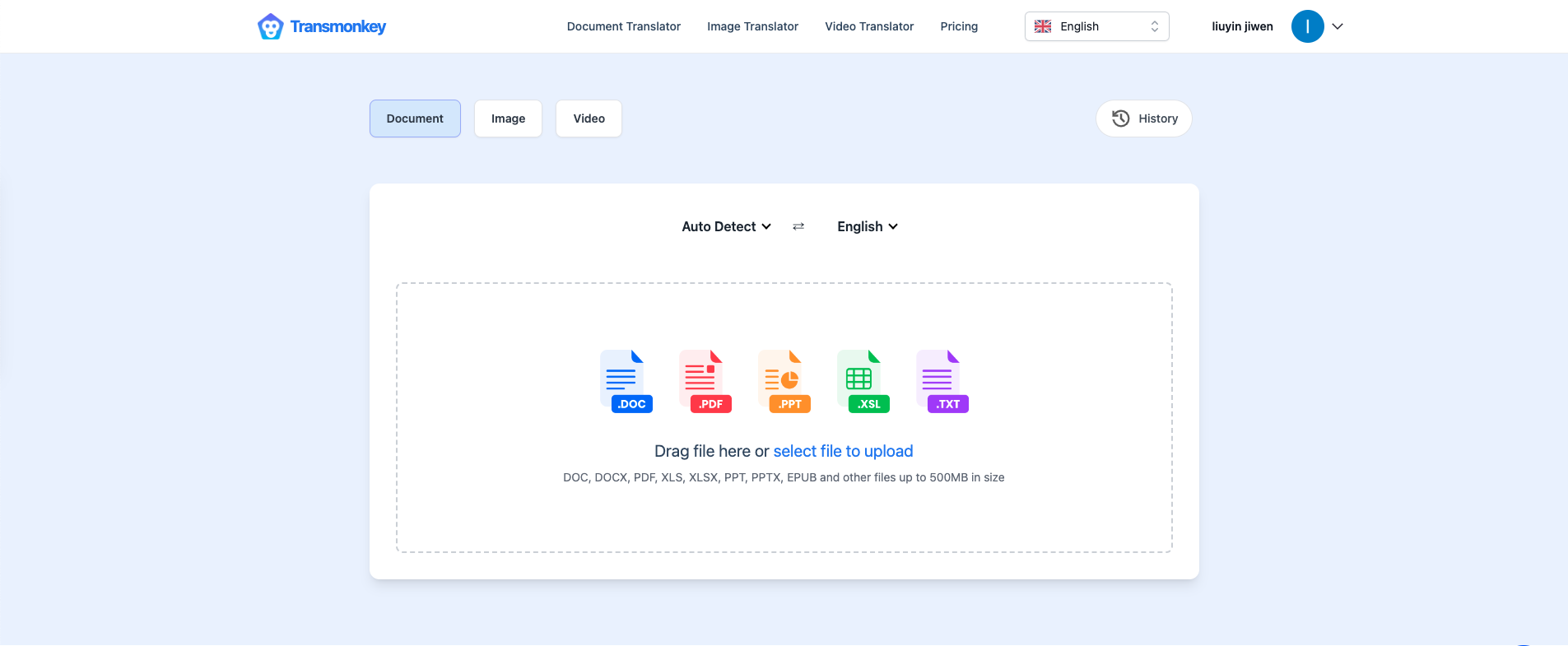 Transmonkey.ai Document Translation Page