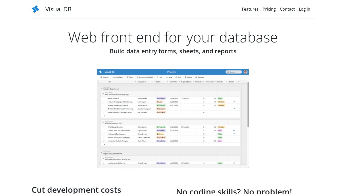 Visual DB Landing page