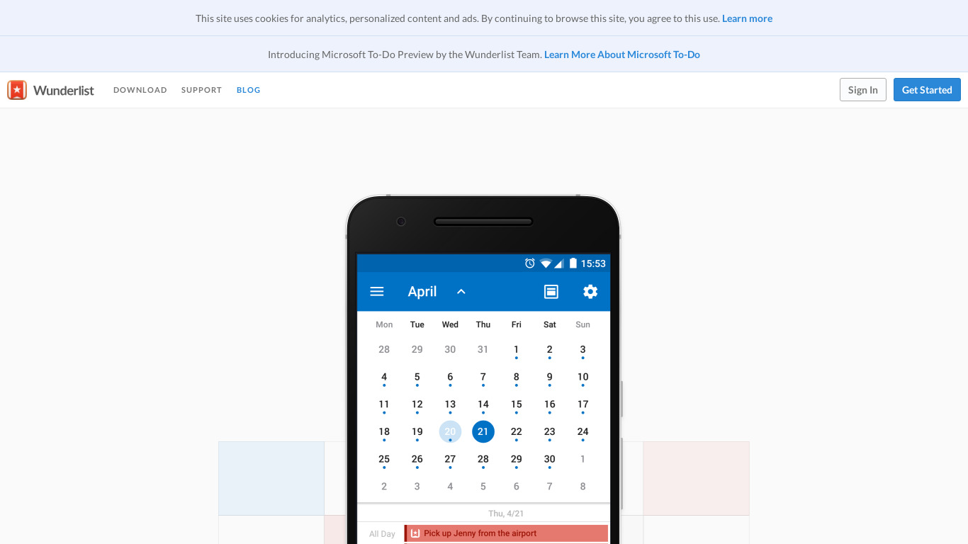 Wunderlist Calendar for Outlook Landing page