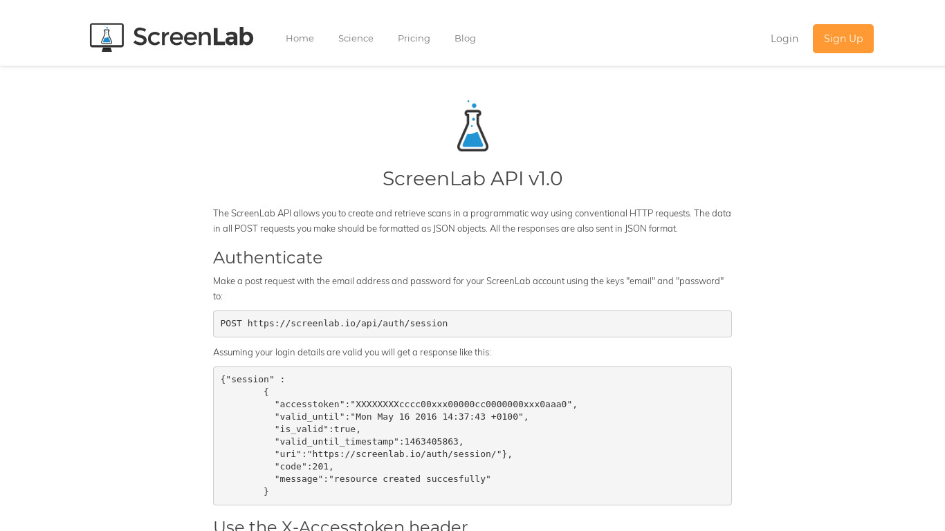 ScreenLab API Landing page