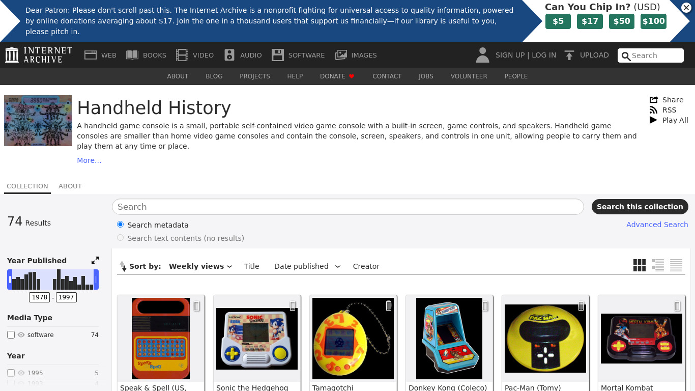 Internet Archive: Handheld History Landing page
