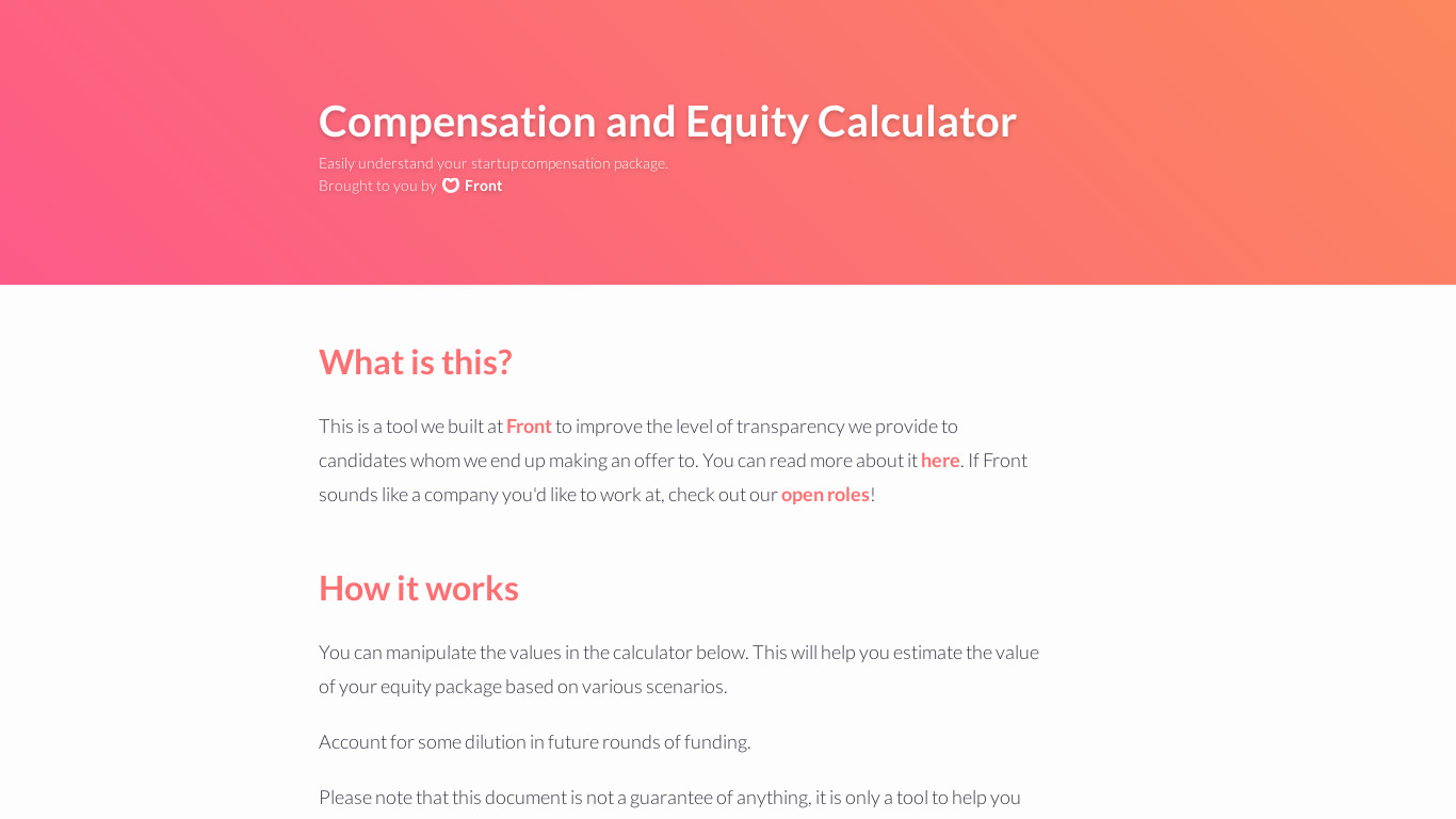 Equity Calculator Landing page