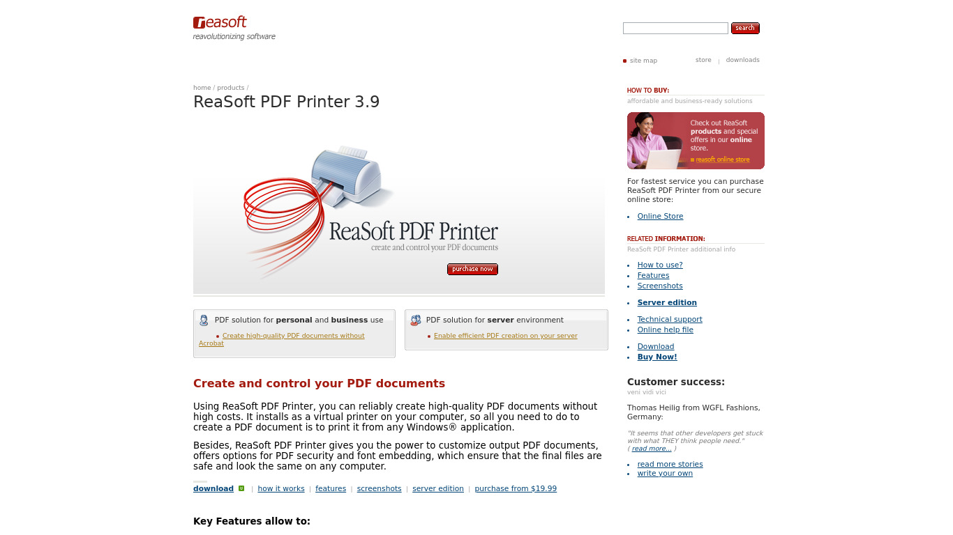 ReaSoft PDF Printer Landing page