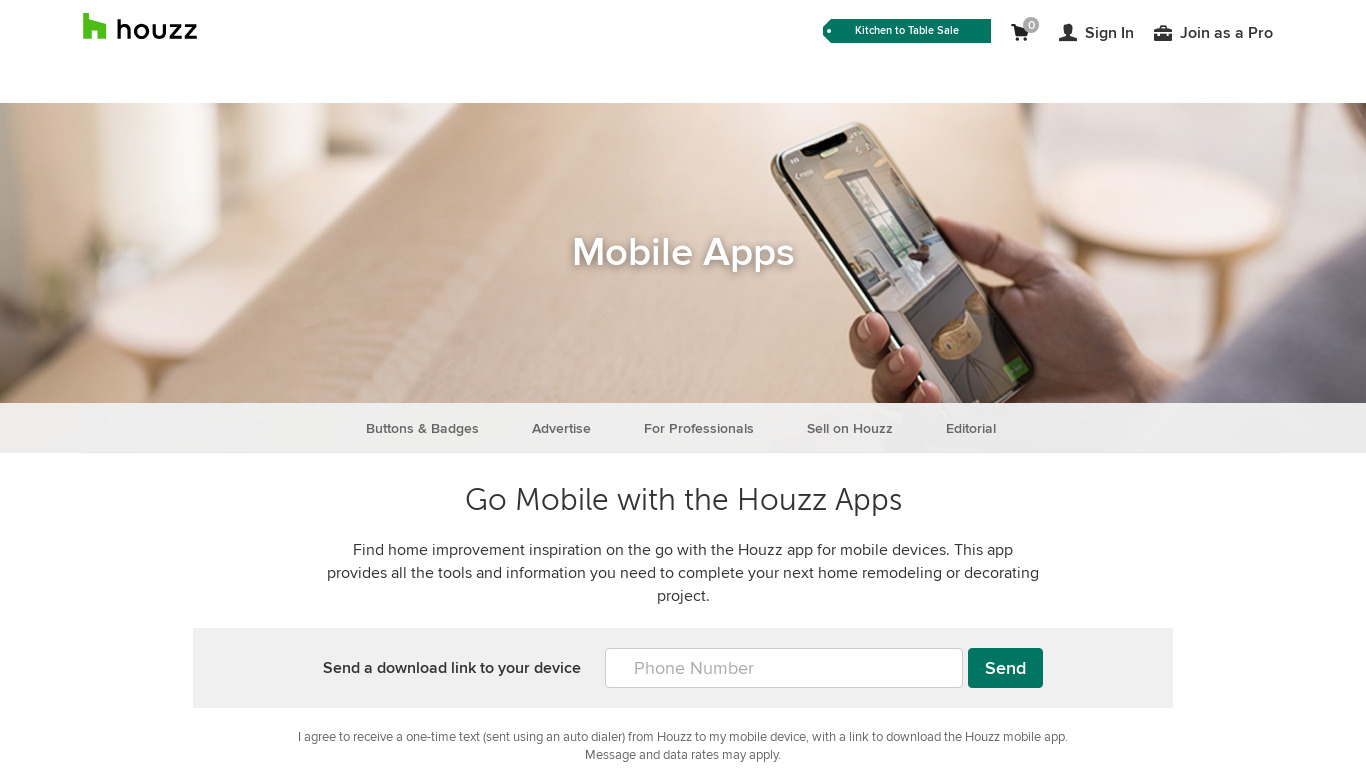 Houzz Mobile App Landing page