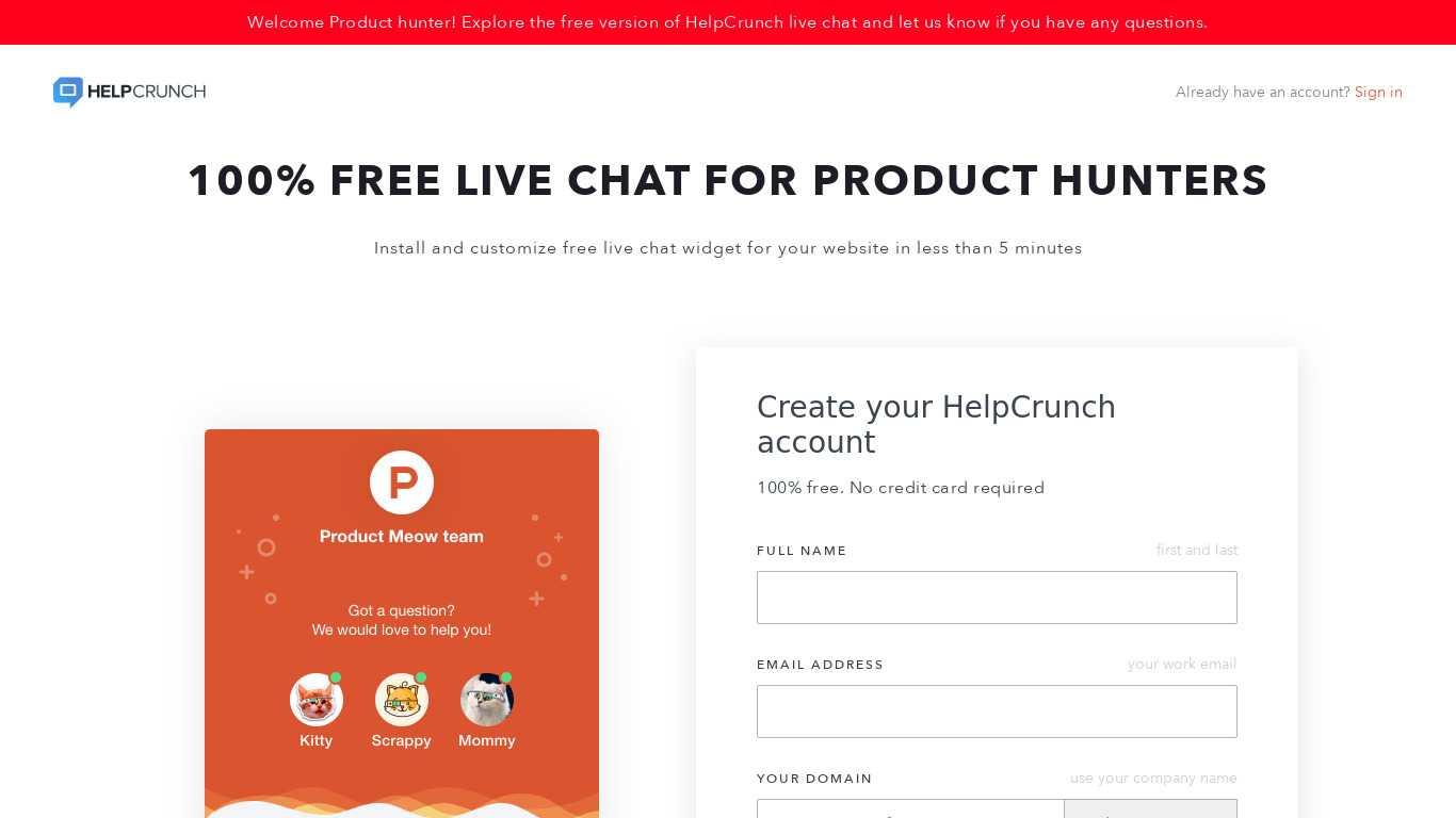 Free HelpCrunch Live Chat Landing page