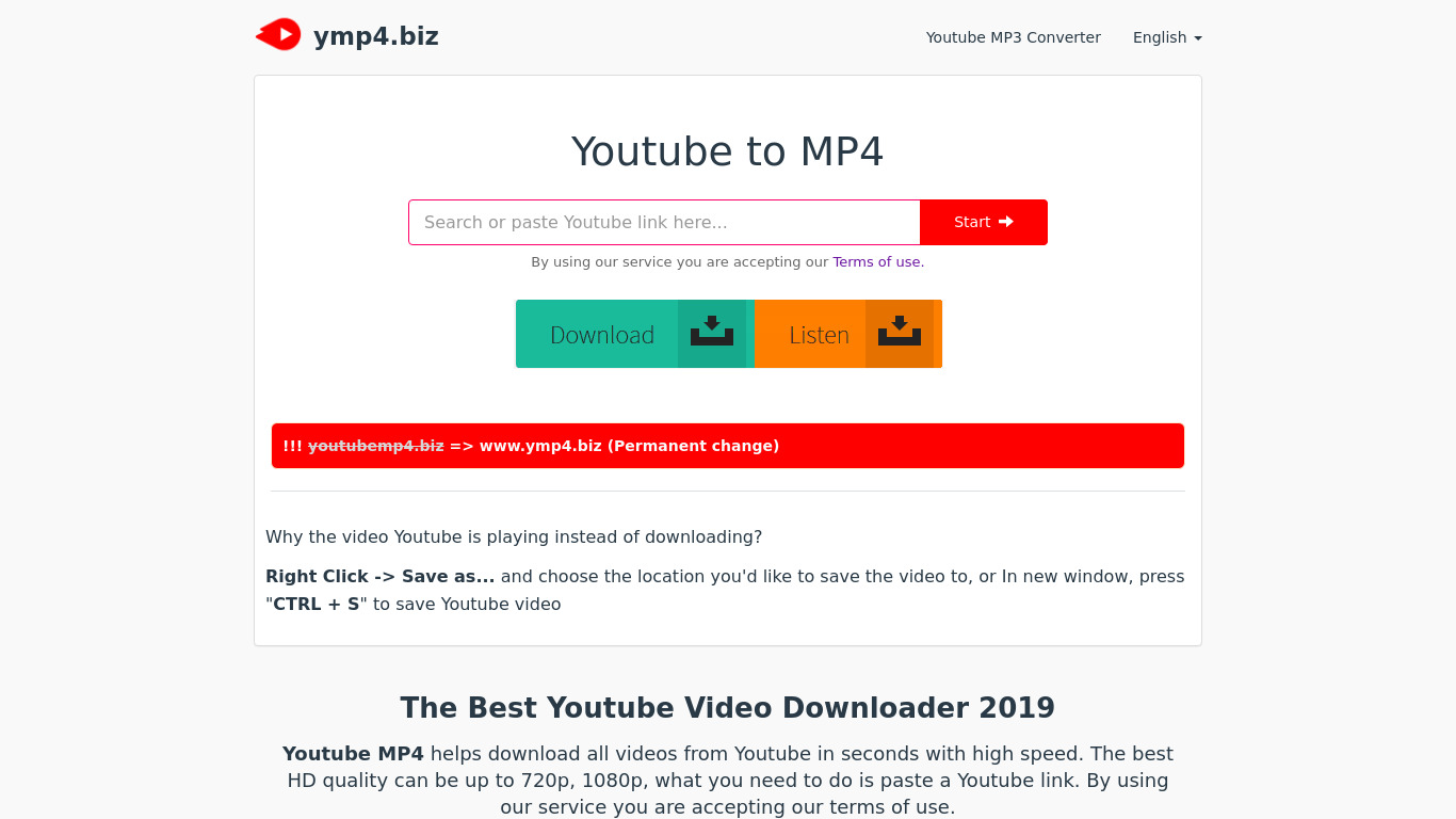 ymp4.biz Youtube to MP4 Landing page