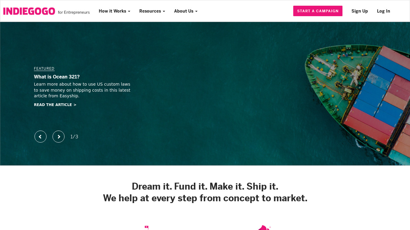 Indiegogo for Entrepreneurs Landing page