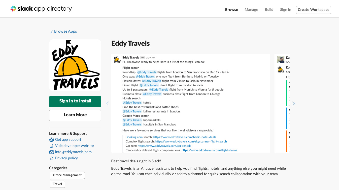 Eddy Travels for Slack Landing page