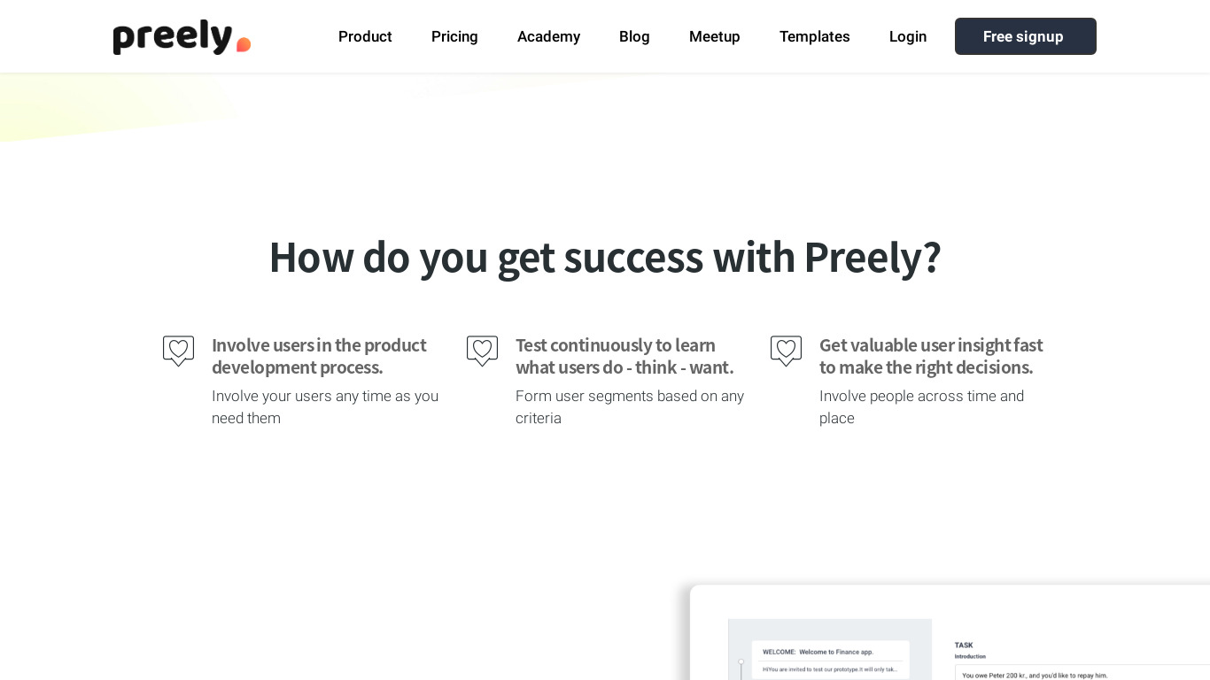 Preely Landing page